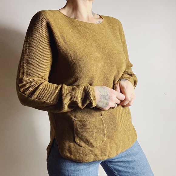 MANSTED Eco Cotton Horizontal Ribbed Knit Pocket Boatneck Ochre Sweater Small - Picture 1 of 9